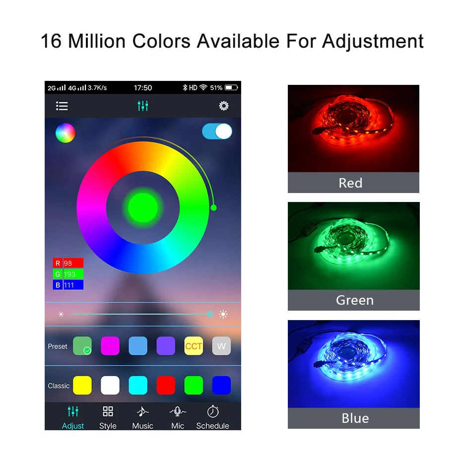 Mini Dimmer LED APP Controlador compatível com Bluetooth, RGB, SMD5050, 5V, 4Pin, USB, Cor, Música, Casa, Luzes de tira inteligentes