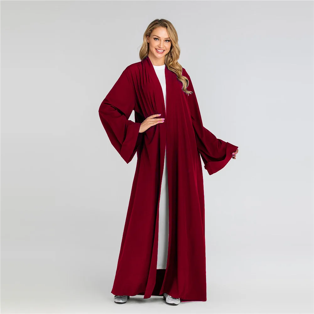 Wholesale 7 Colors silky pure color muslim peignoir muslim abayas robes female full length opened Abaya Muslim Dress Robes F1653