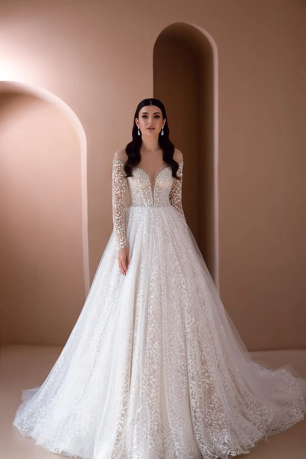 Ren Appliques Áo Cưới Tay Dài Voan Cô Dâu Đảng Áo Cưới Lưng Nút Ảo Ảnh Áo Dây De Marie Đầm Vestido De Novia