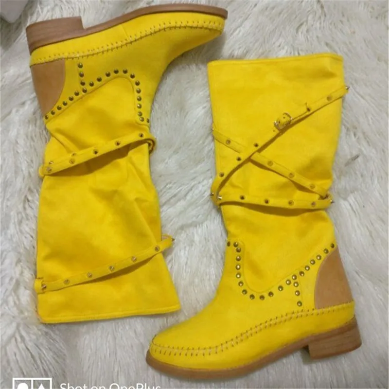 New Yellow Rivets Studded Mid Calf Winter Boots Women Suede Leather Round Toe Flat Heels Gladiator Shoes Punk Cowboy Boots Woman