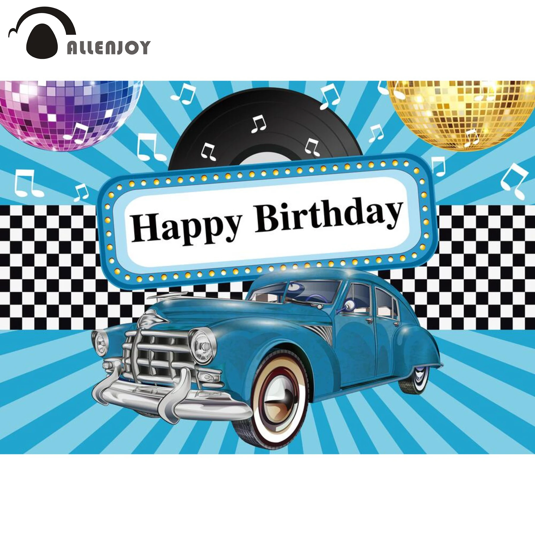 

Allenjoy Happy Birthday Backdrops Car Disco Music Blue Stripe Small Size Vinly Background Baby Shower Party Photozone Decoration