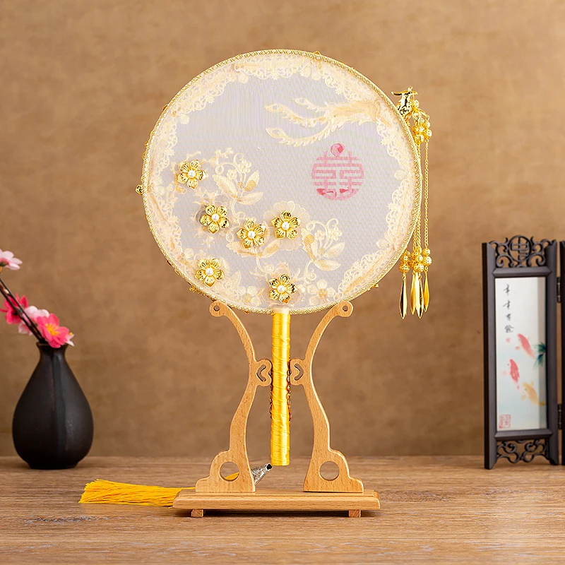 NiuShuya Elegant Jewelry Wedding Bouquet Silk 3D Fan Pomegranate Red Bead Golden Phoenix Metal Round Hand Flower Fan for Bridal