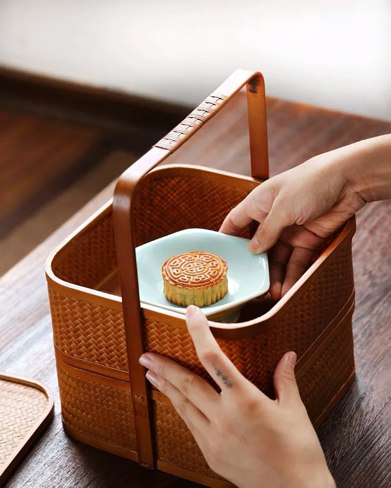 Japanese-style Bamboo Storage Basket Lacquerware Handicraft Tea Set Storage Box Dish Snack Bowl Moon Cake Gift Box