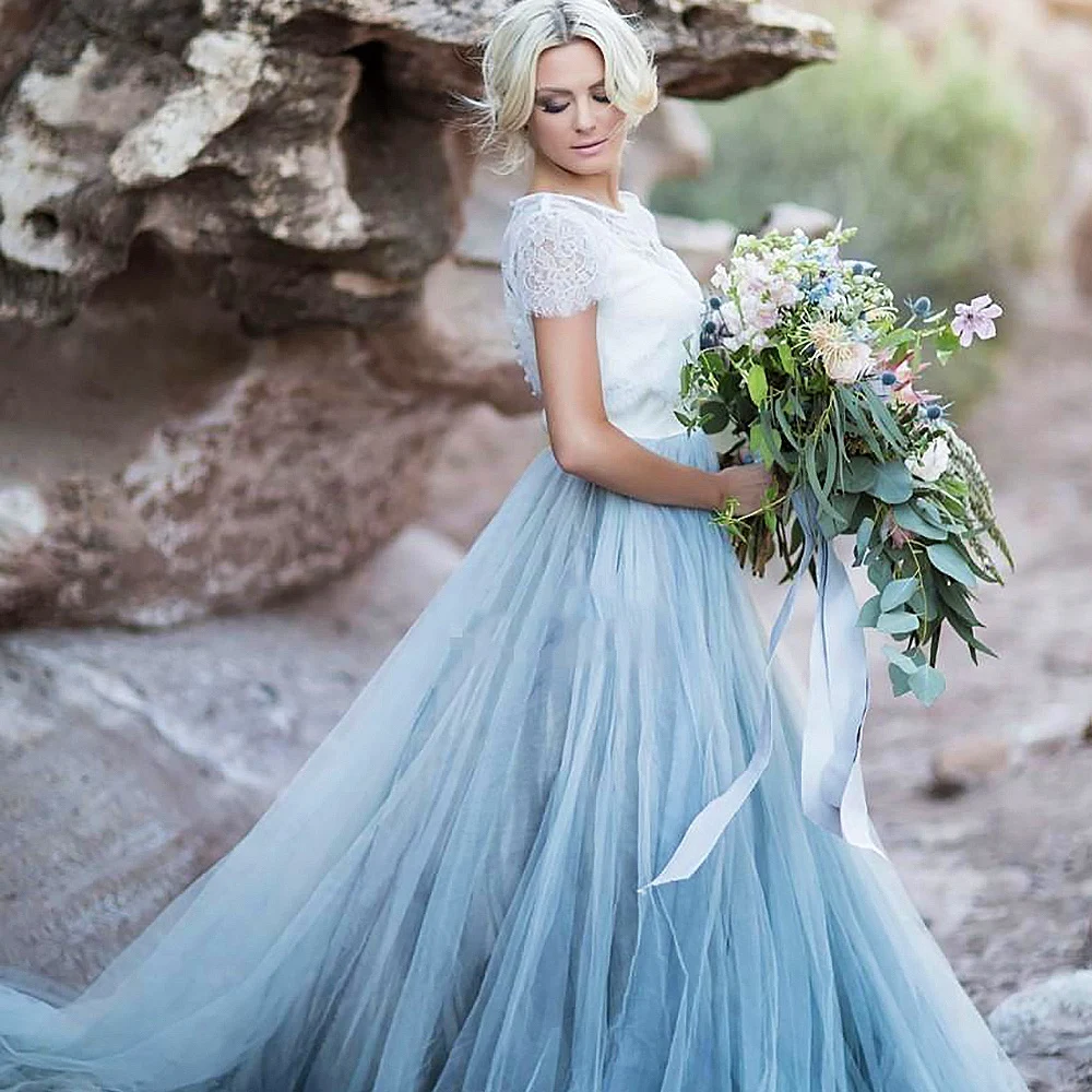 Vestido de novia de encaje azul cielo, manga corta, línea A, romántico, boda, barato, alta calidad, 2019