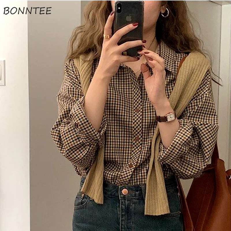 Shirt Women Brown Plaid Vintage Simple Elegant Female Long Sleeve Preppy Style Tops All-match Turn-down Collar Wooden-Buttons