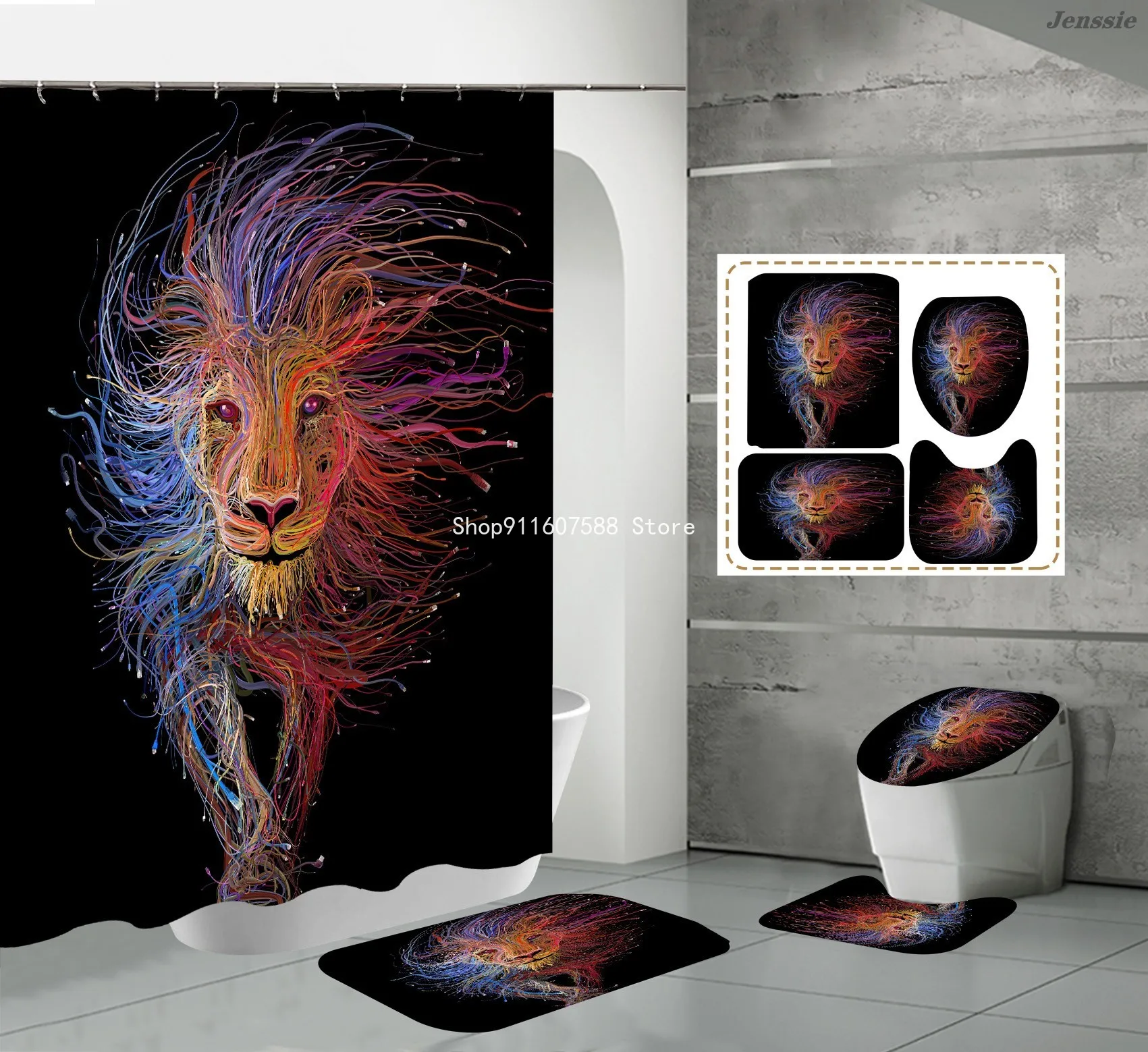 Animal Print Black Shower Curtains Lion Tiger Cheetah 3D Bathroom Curtain Set Anti-slip Bath Mat Soft Toilet Lid Cover Home Rugs