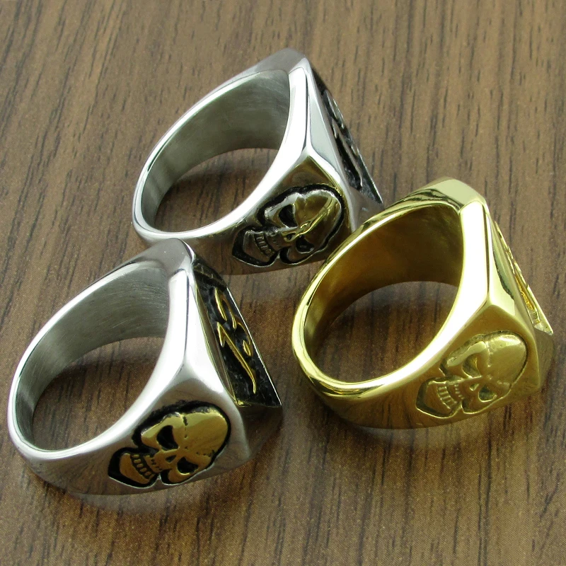 Free Shipping  Classic 316L Stainless Steel Gold Plated Big Skull Head Number 13 Solid Ring Jewelry