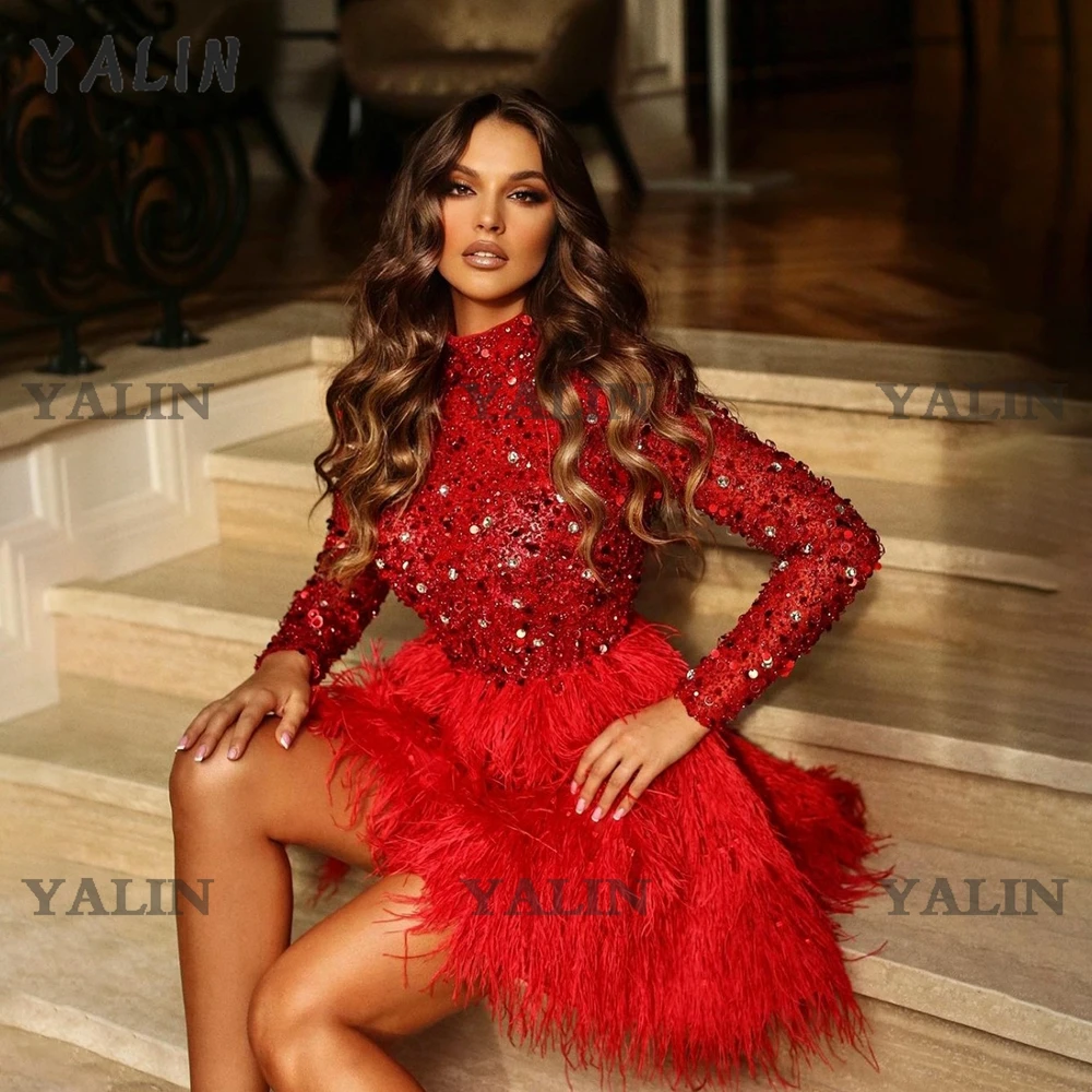 YALIN Blingbling Burgundy Robes De Cocktail High Neck Dubai Arabic Formal Party Dresses Sexy Sequin Feather Mini Prom Gown