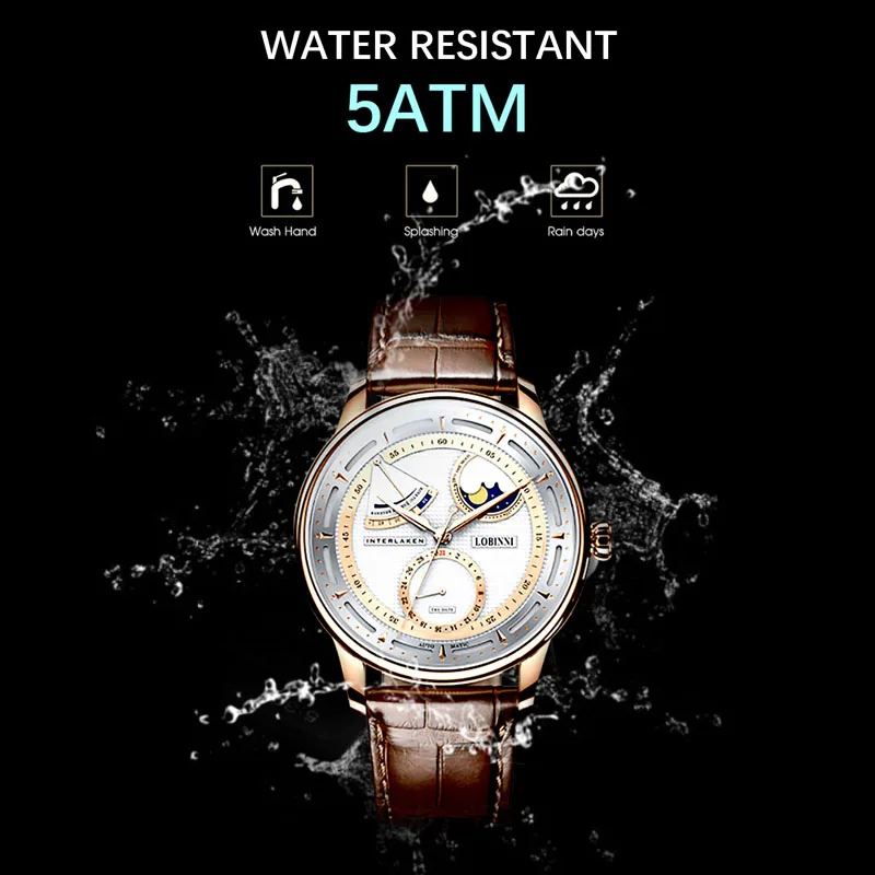 LOBINNI العلامة التجارية الفاخرة الرجال التلقائي ساعة ميكانيكية مقاوم للماء الياقوت كريستال الساعات احتياطي الطاقة Moonphase الرجال على مدار الساعة