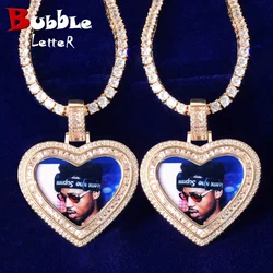 Bubble Letter Custom Photo Necklace for Men Picture Pendant Heart Baguette Charms Solid Back Micro Pave Hip Hop Jewelry