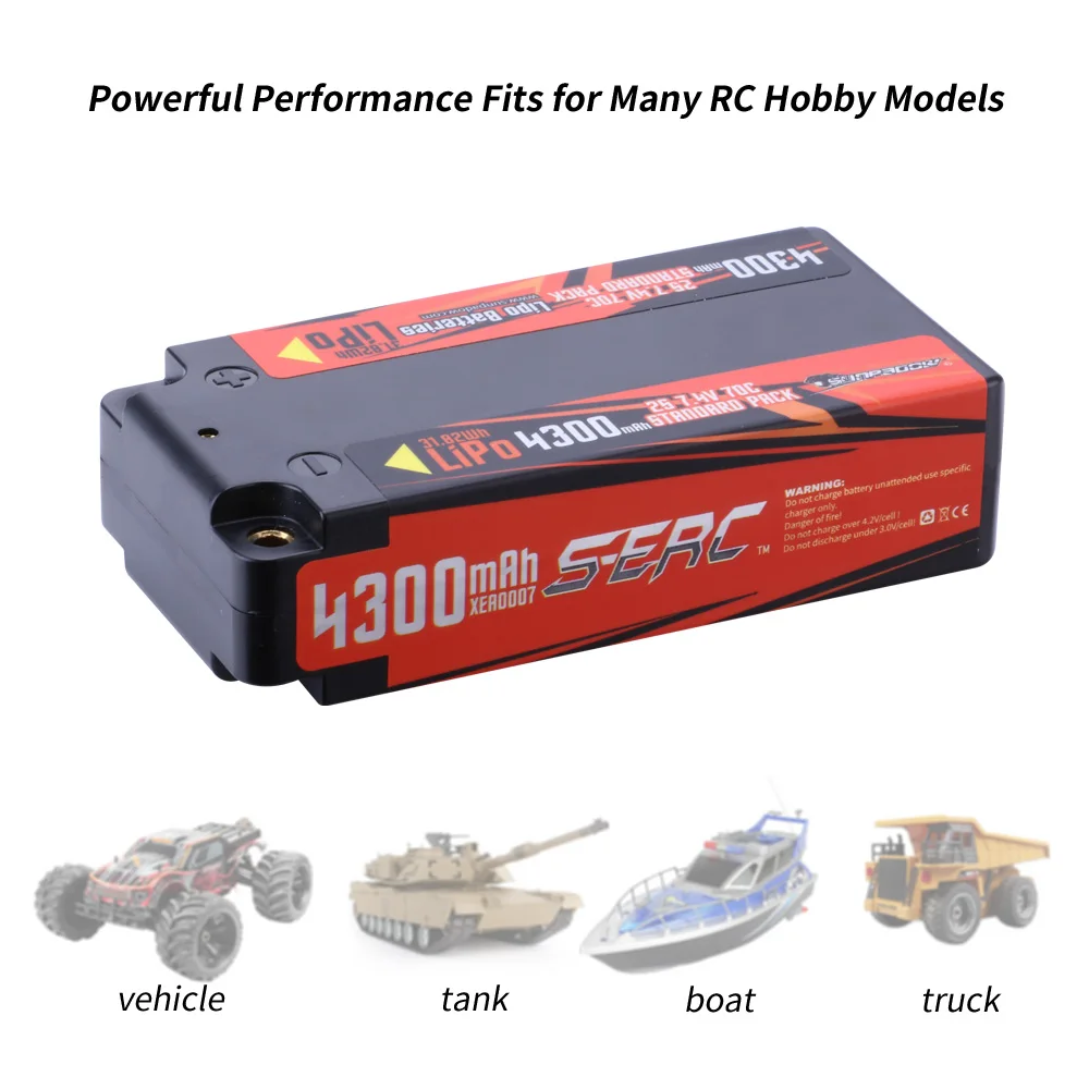 Sunpadow 2S 4300mAh Lipo Battery 7.4V 70C Shorty Hard Case with 4mm Bullet for RC 1/8 1/10 Scale Car Truck Vehicle Tank Buggy