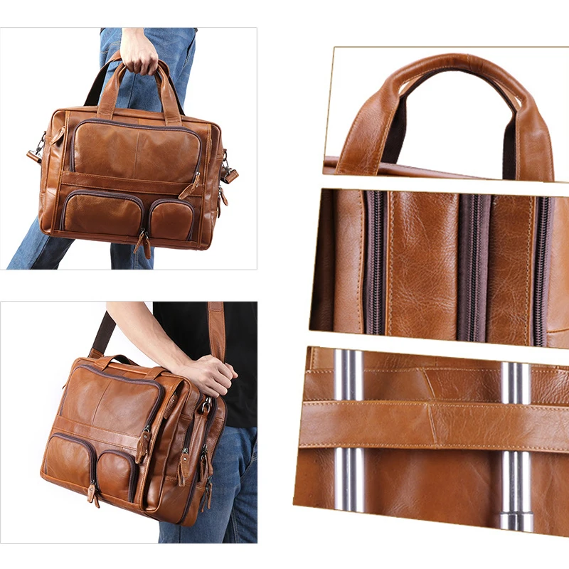 Laptop Bag Genuine Leather Men Briefcase 15.6 17 inch Business Tote Vintage Male Big Shoulder Bag Travel Duffel Huawei Air Pro