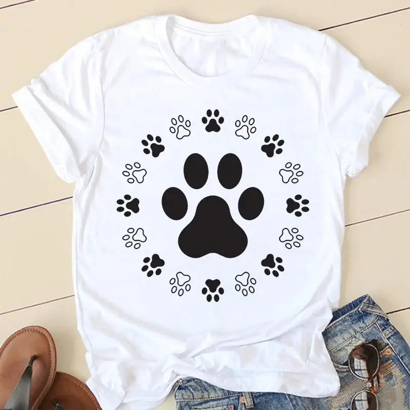 Women Star Dog Paw Funny T-shirts Lady Fashion Clothing Short Sleeve Cartoon Clothes Spring Summer Female Tee Graphic Tshirt