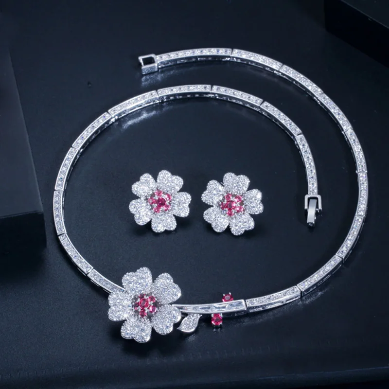 Pera Trendy Rose Red Cubic Zirconia Setting Lovely Flower Earrings and Pendant Necklace Sets for Women CZ Costume Jewelry J139