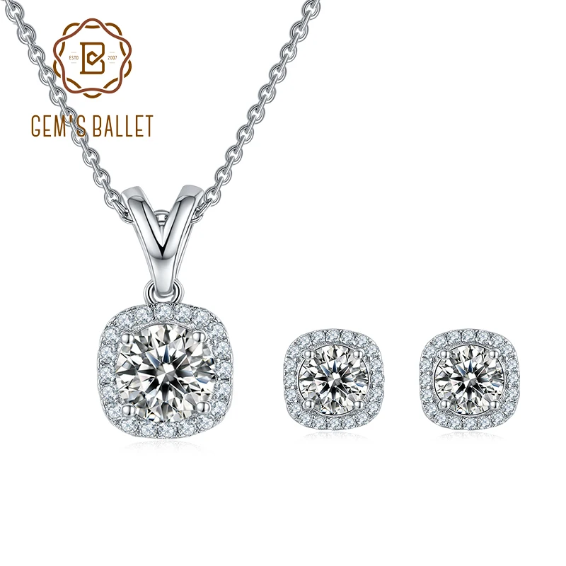 GEM'S BALLET 925 Sterling Silver Bridal Jewelry Set 4 prong Square Pendant Halo VVS1 Moissanite Necklace Earrings Set For Women