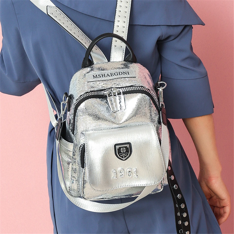 Fashion Silver Women \'s Backpack High Quality Bookbag Soft Leather School Bags for Teenagers Girls 3 In 1 Ladies Travel Backpack