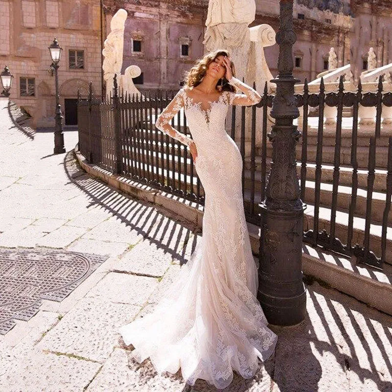 Abito da sposa a sirena a maniche lunghe con scollo a v 2023 abito da sposa con applicazioni in pizzo con scollo a v e abiti da sposa di lusso Boho staccabili