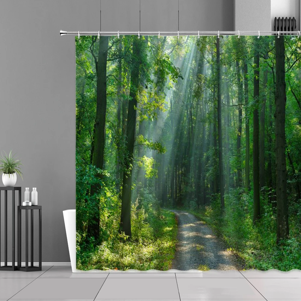 Modern 3D Printing Forest Shower Curtains Green Plant Tree Landscape Curtain With Hooks For Bathroom Waterproof Polyester Fabric