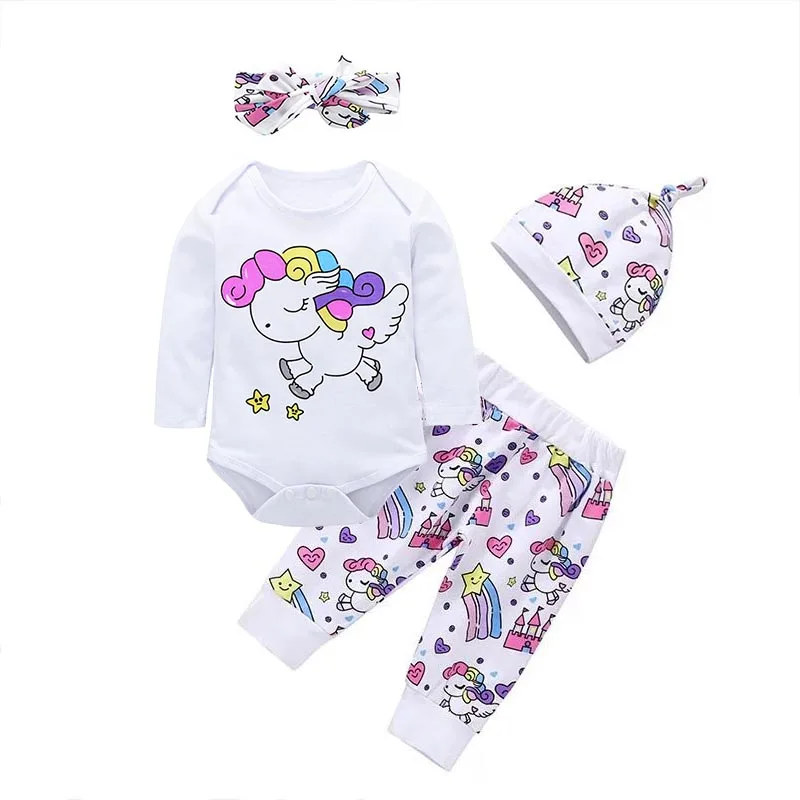 

Newborn Baby Girl Clothes Sets Infant Fashion Rainbow Cartoon Pegasus Star Heart Castle 4pcs Hat+Headband+Long Sleeve+Tops+Pants