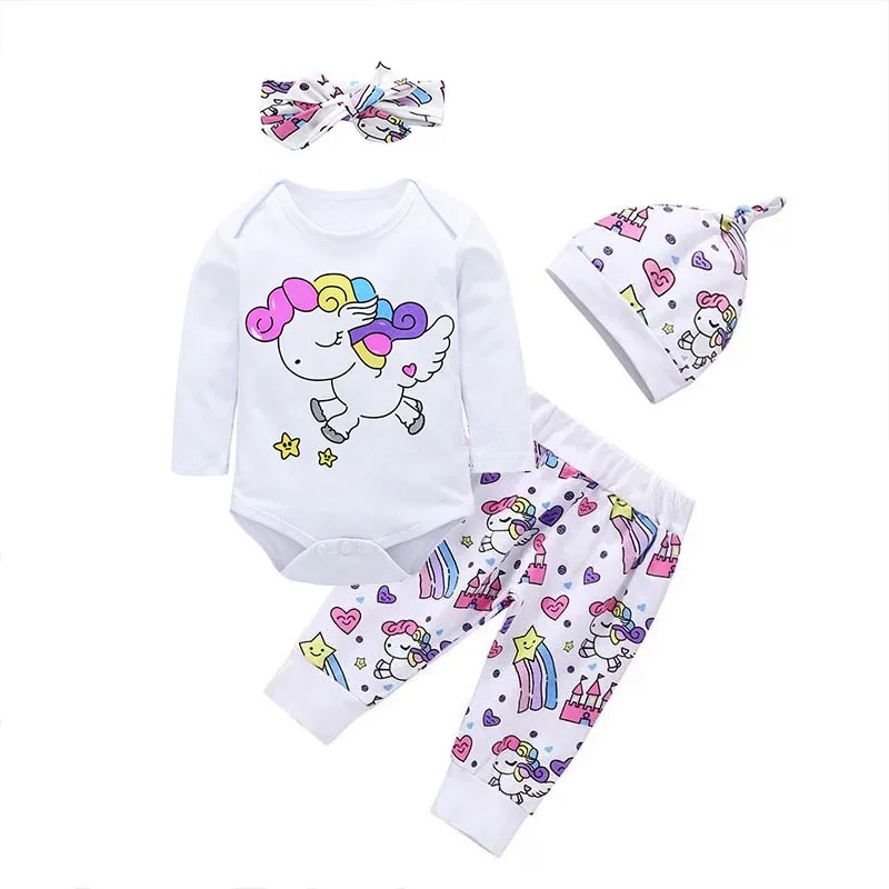 Newborn Baby Girl Clothes Sets Infant Fashion Rainbow Cartoon Pegasus Star Heart Castle 4pcs Hat+Headband+Long Sleeve+Tops+Pants