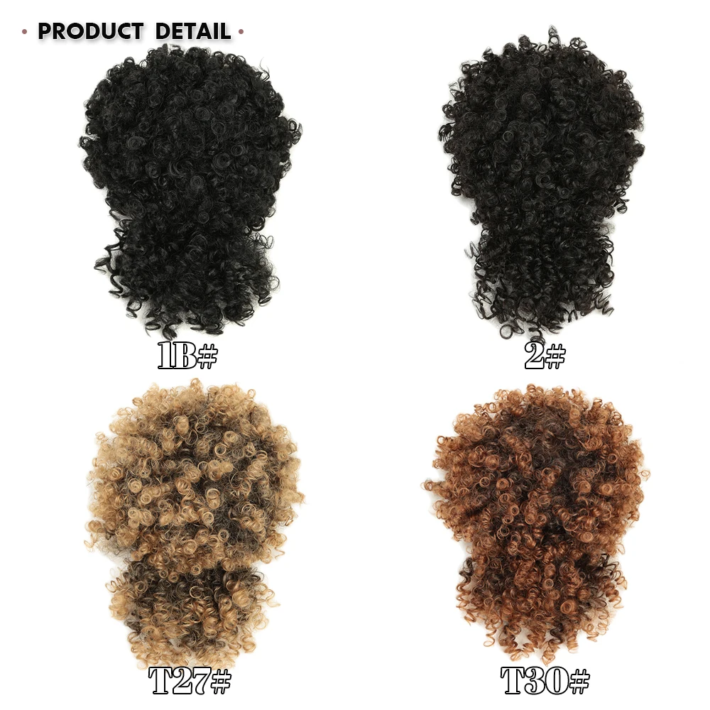 High Puff Afro Kinky Curly Synthetic Ponytail With Bangs Short Chignon Hair Extension Drawstring Clip Hair For Black/White Women