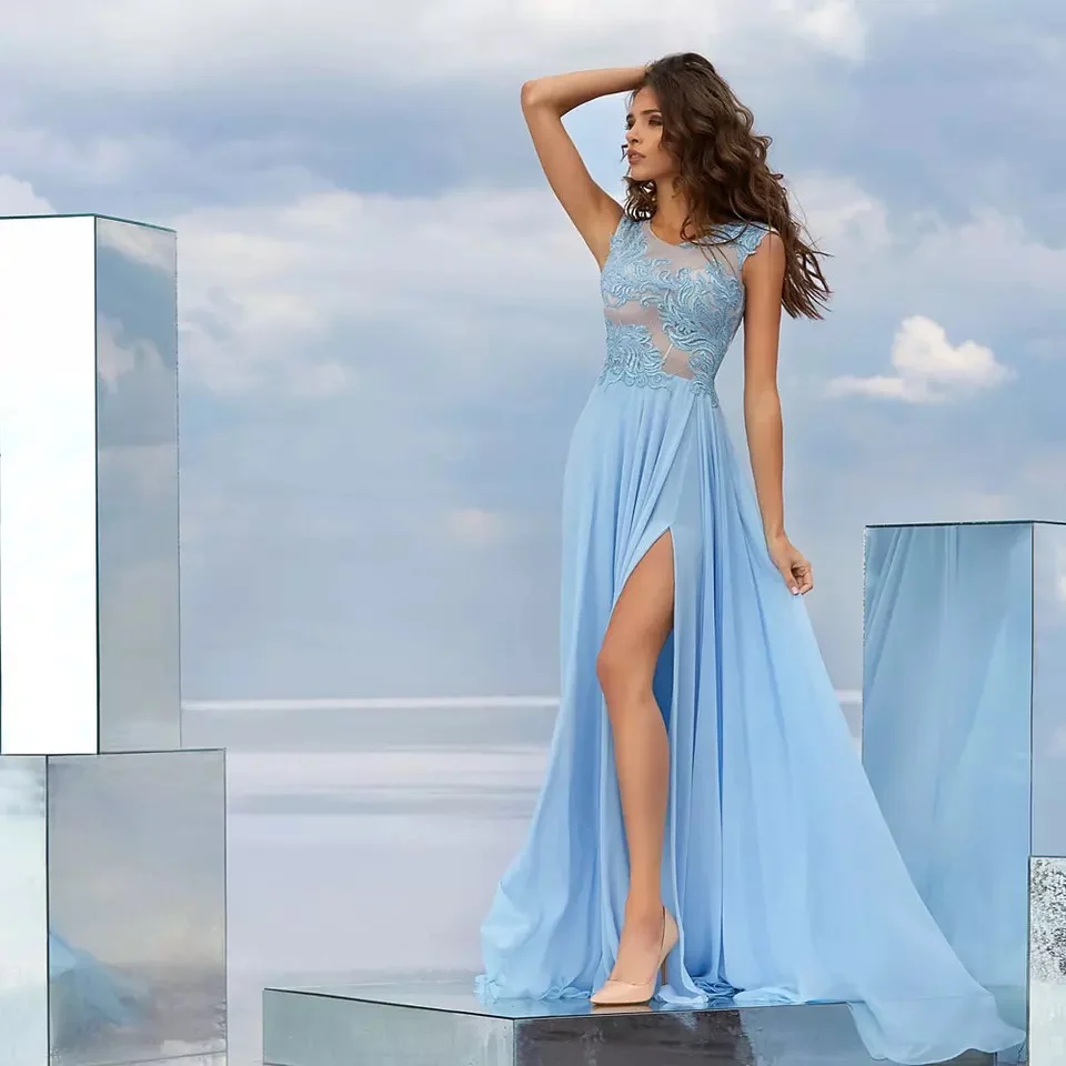 Light Sky Blue Chiffon Prom Dresses 2021 O-hals Kant Elegante A-lijn Party Avondjurk Voor Vrouwen Floor Lengte Sweep Trein