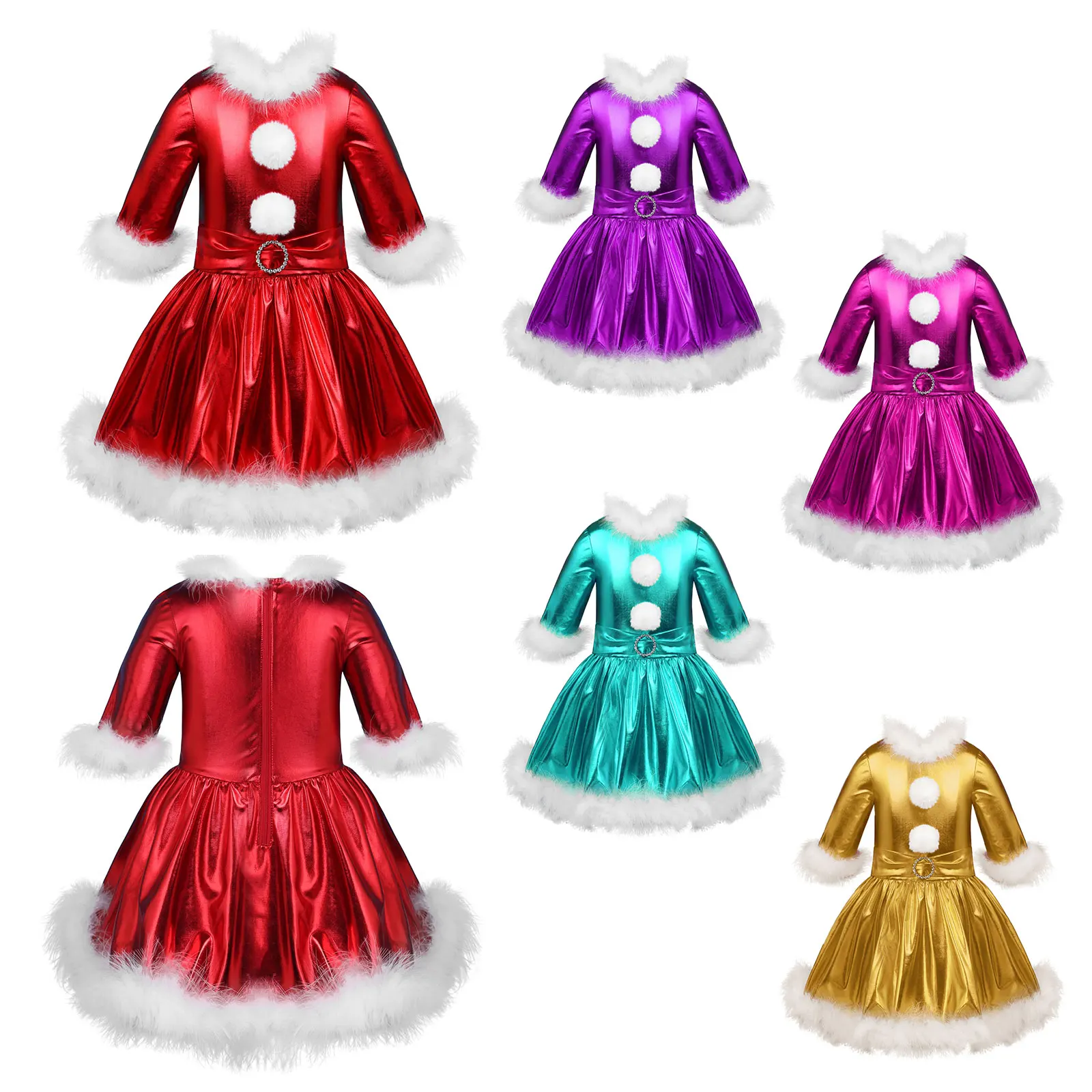 Christmas Clothes Kids Dresses For Girls Shiny Metallic Long Sleeves Christmas Dress Girl Cosplay Carnival Party Dance Costume