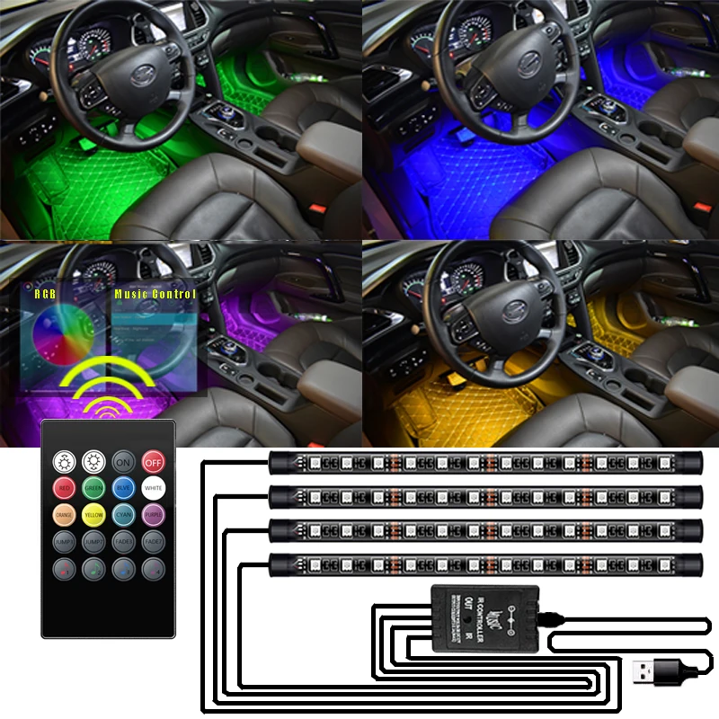 Car Interior Foot Floor Decoration Bulbs Atmosphere Lights RGB LED Strip Lamp USB Wireless Remote Music Control Multiple Modes