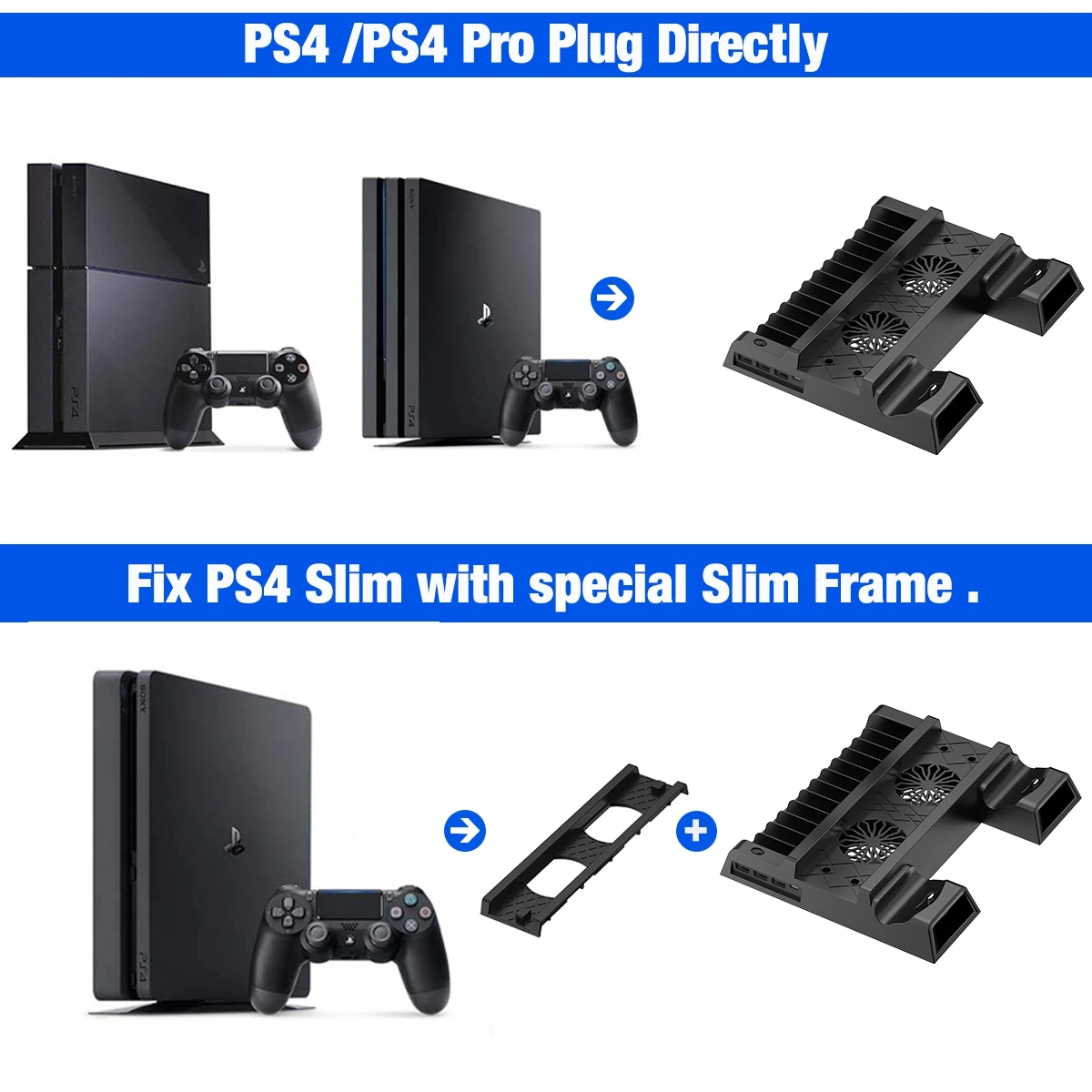 Suporte de ventilador de refrigeração para PS4, PS4 Slim, PS4 Pro, 2 Controladores Carregador, estação de carregamento para PS4 Playstation 4, Console Controller Stand