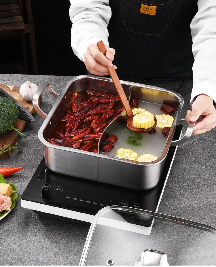304 Stainless Steel Square Hot Pot Suitable for Gas Stove and Induction Cooker