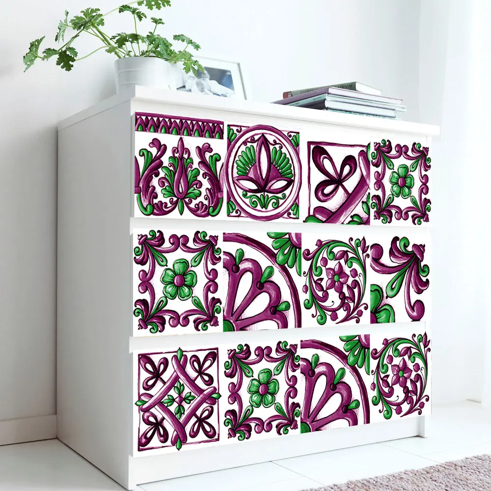 10pcs/set Purple Floral Ornament Arabesque Wall Stickers Kitchen Washbasin Decoration Hard Ceramics Wall Decals Tiles Art Mural