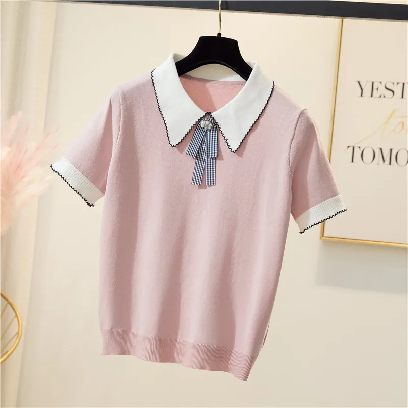 cotton T-shirt women 2021 summer Autumn new women\'s casual Patchwork color knit sweater bow slim pullover large size sweater