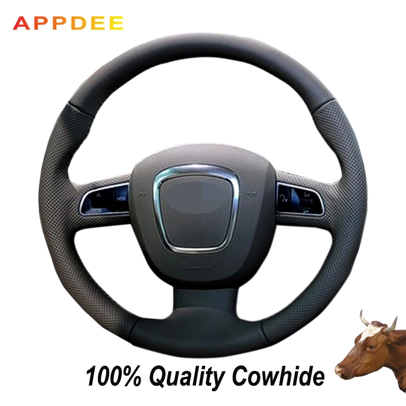 APPDEE Black Genuine Leather Steering Wheel Cover for Audi A3 (8P) 2008-2013 A4 (B8) 2008-2010 A5 2008-2010 A6 (C6) 2007-2011