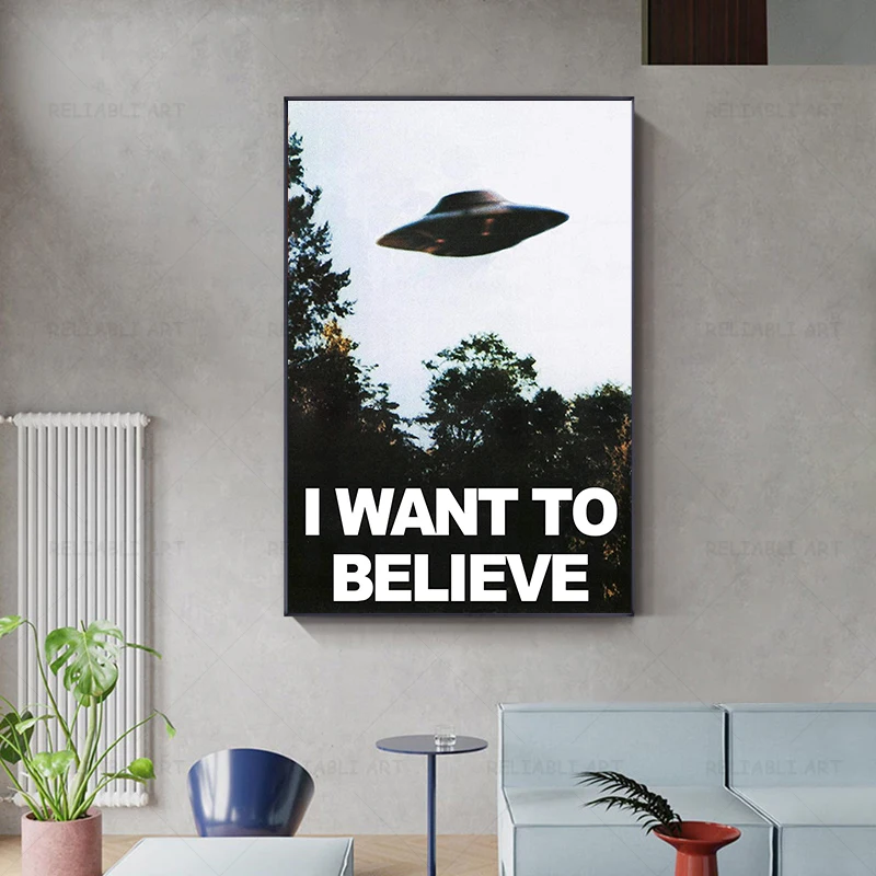 Spaceship Wall Print I Want To Believe Canvas Painting UFO Wall Art Home Decor Mulders Office Posters and Prints Unframed