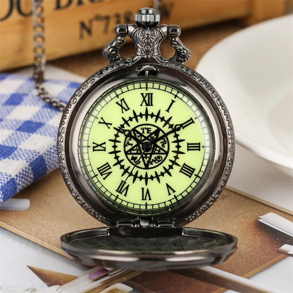 Reloj luminoso con números romanos para niños y estudiantes, pulsera de bolsillo de cuarzo con tema de Anime japonés, collar negro, colgante, regalo