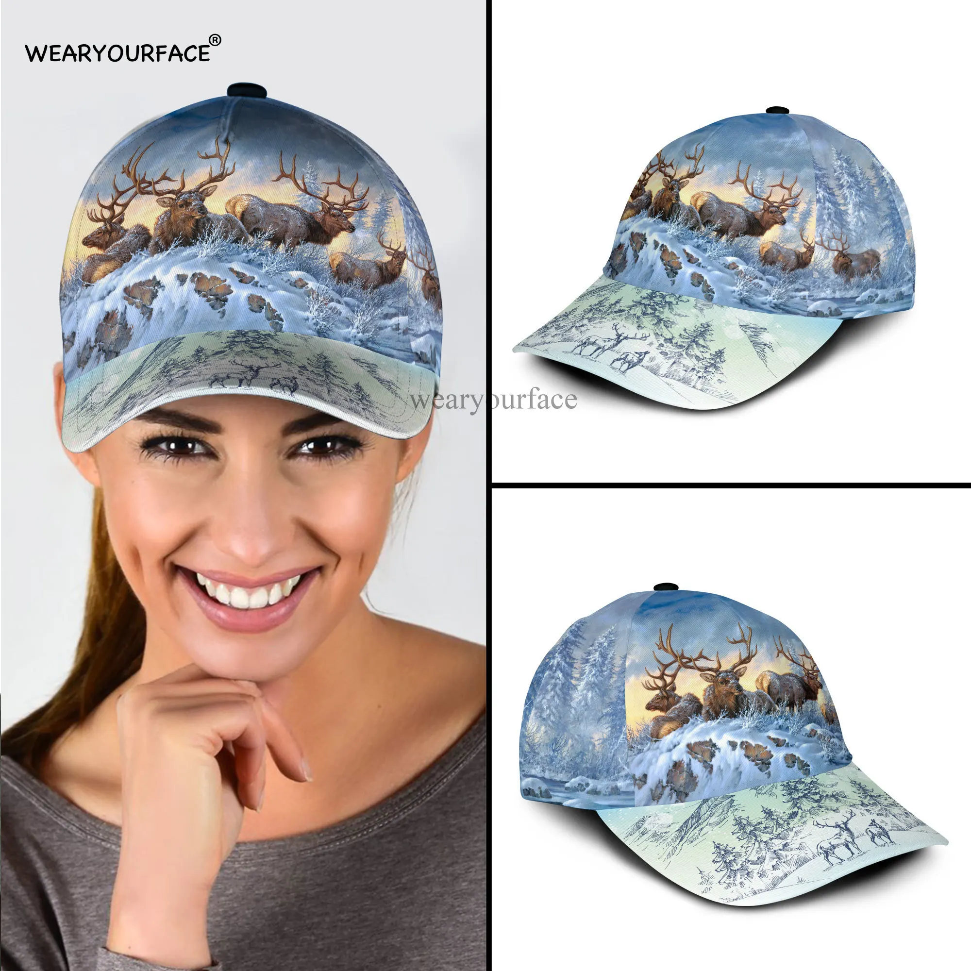 Deer Hunting Wildlife 3D All Over Bedruckte Snapback-Mütze für Männer und Frauen, Erwachsene, Hip-Hop-Kopfbedeckung, Outdoor-Sonnenblende,