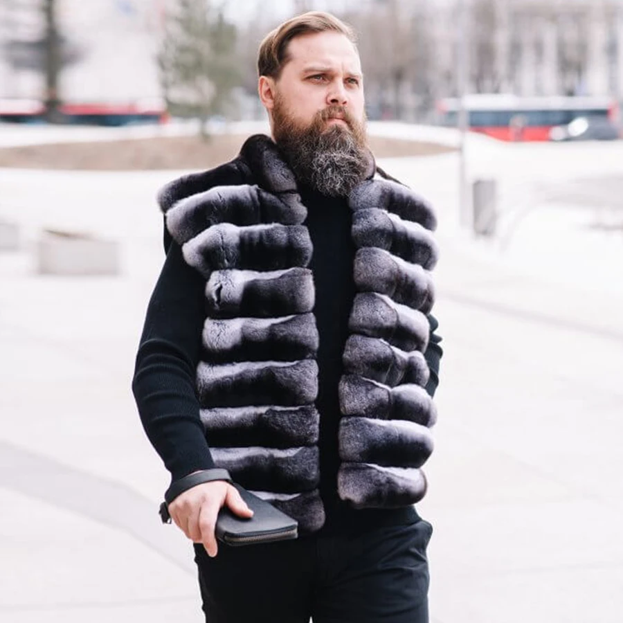 

Natural Chinchilla Fur Vest Men Real Rex Rabbit Fur Coat With Stand Collar High Quality Waistcoat Winter Hot Selling Style