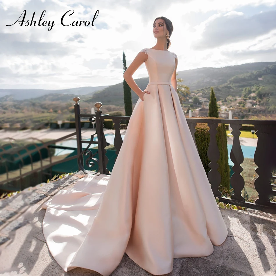 Ashley Carol A-Line Wedding Dress Bridal Simple Satin Scoop Pockets Sleeveless Vestidos De Novia Button High Qualit Wedding Gown