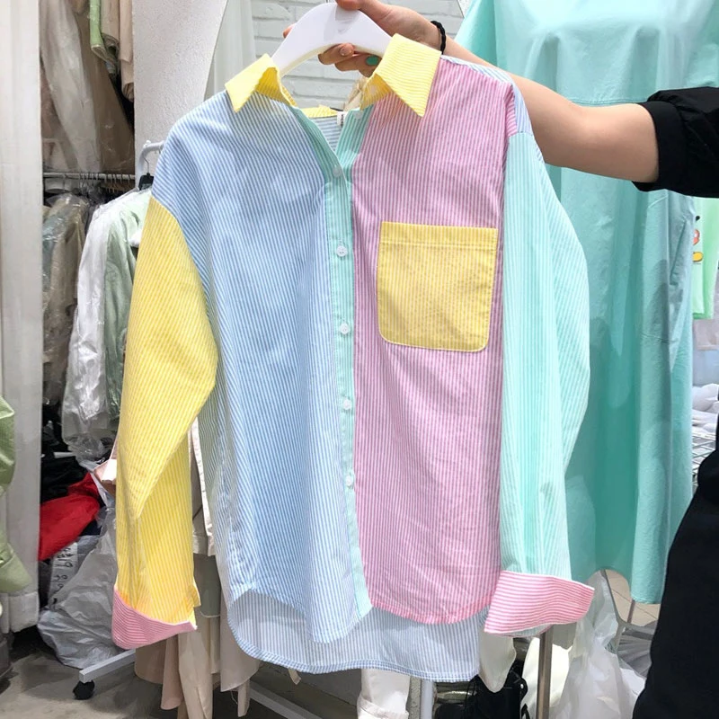 Korea Summer Women Fashion Hit Color Striped Long Sleeve Casual Shirts 2024 Female Turn Down Collar Chic Casual Blouses Top