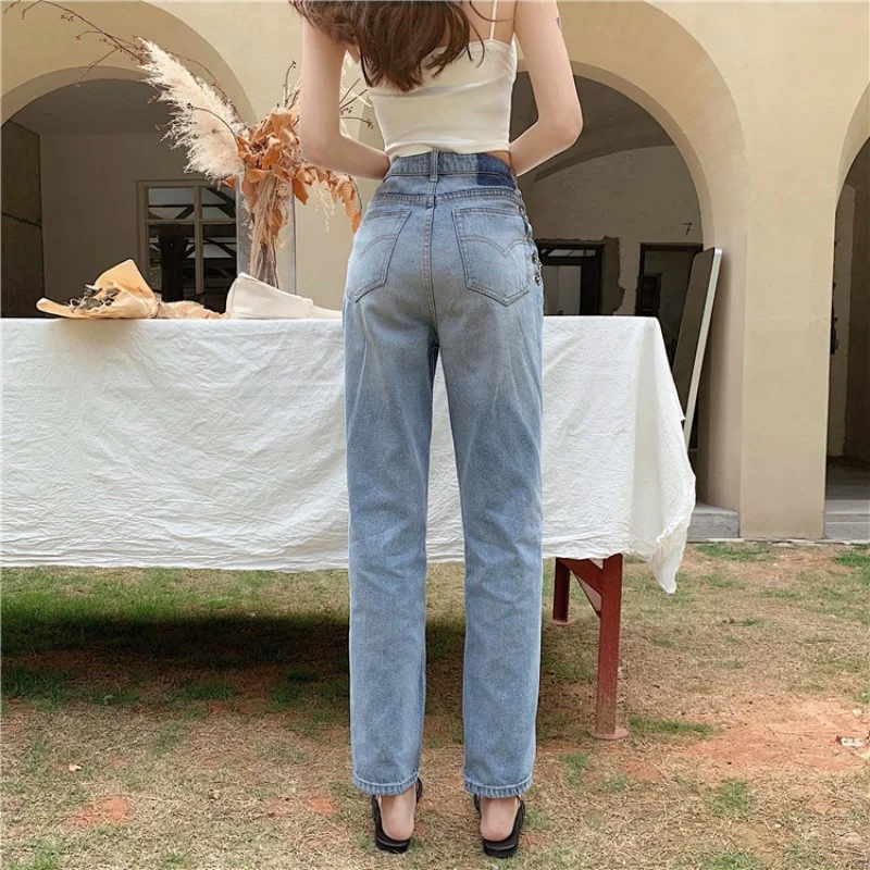 

Hollow Chain Out Jeans Women High Waist Loose Straight Denim Trousers Spring Autumn Female Fashion Sexy Hot Girl Streetwear