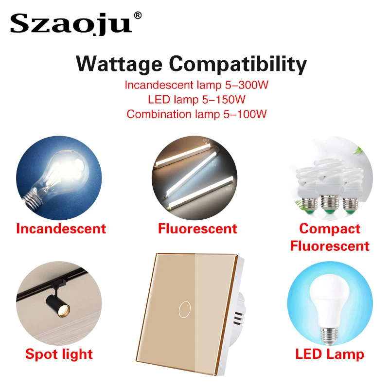 Szaoju EU Touch Switch Led Panel Wall Lamp Light Switches White Crystal Glass Panel Light 1/2/3 Gang Interruttore AC100-240V