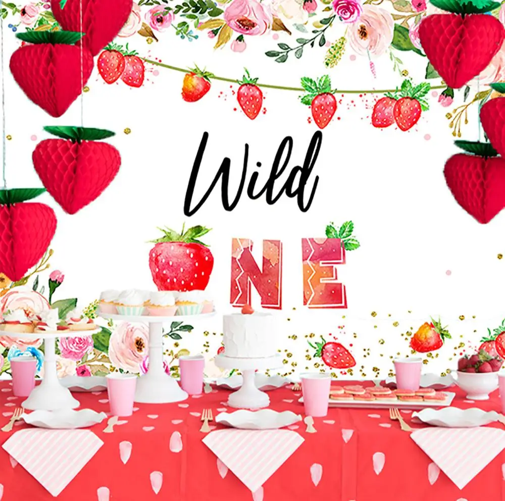 Girls First Birthday Party Decoration Strawberry Watercolor Flower Backdrop Wild One 1st Birthday Banner Kids Photo Studio