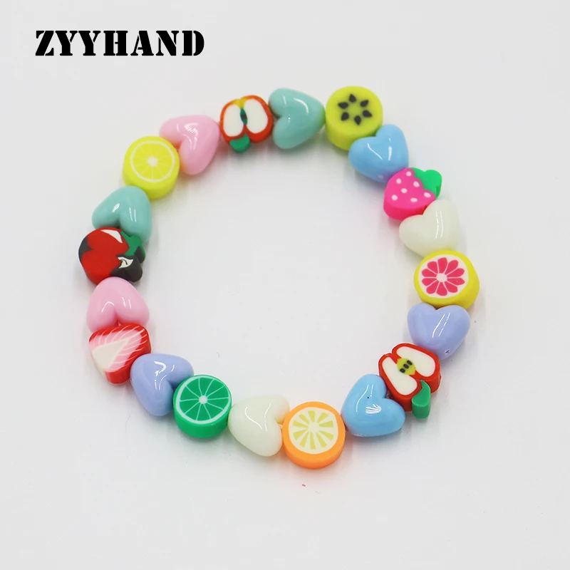 Spring Multi Color Fruits Women Bracelet Girl Elastic Polymer Clay Random Small Charm Heart Girl Customized Wrist Jewelry