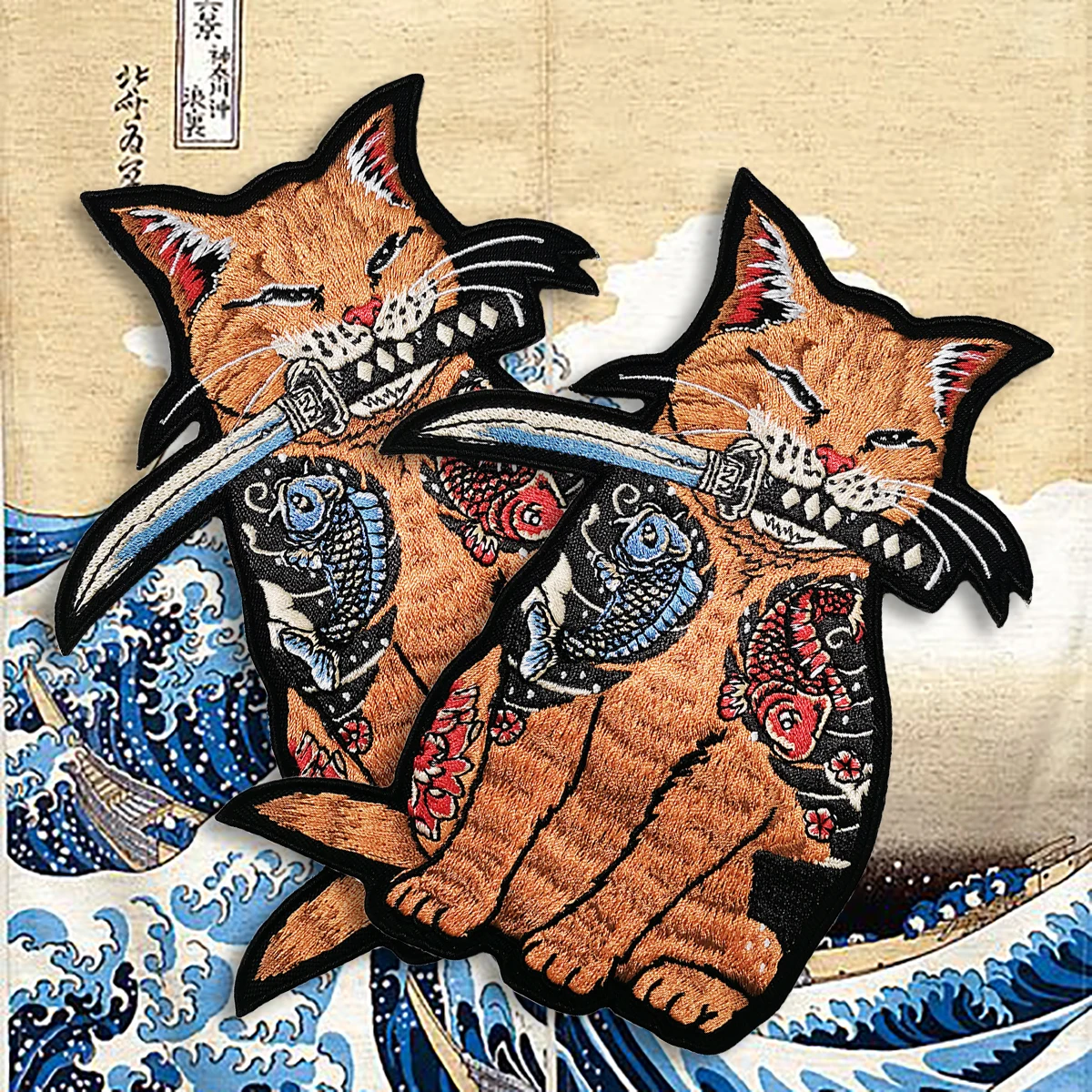 A Cat with a Knife in Its Mouth Embroidery Patches Iron on Patches for Clothes Japan Culture Style High Quality DIY