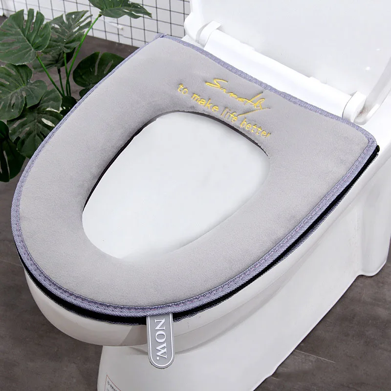 Toilet Seat Cover with Zipper Pads, Washable Toilet Lid Cover with Lifter, Soft Velvet Plush Cloth Warm Pad Cushion for Bathroom