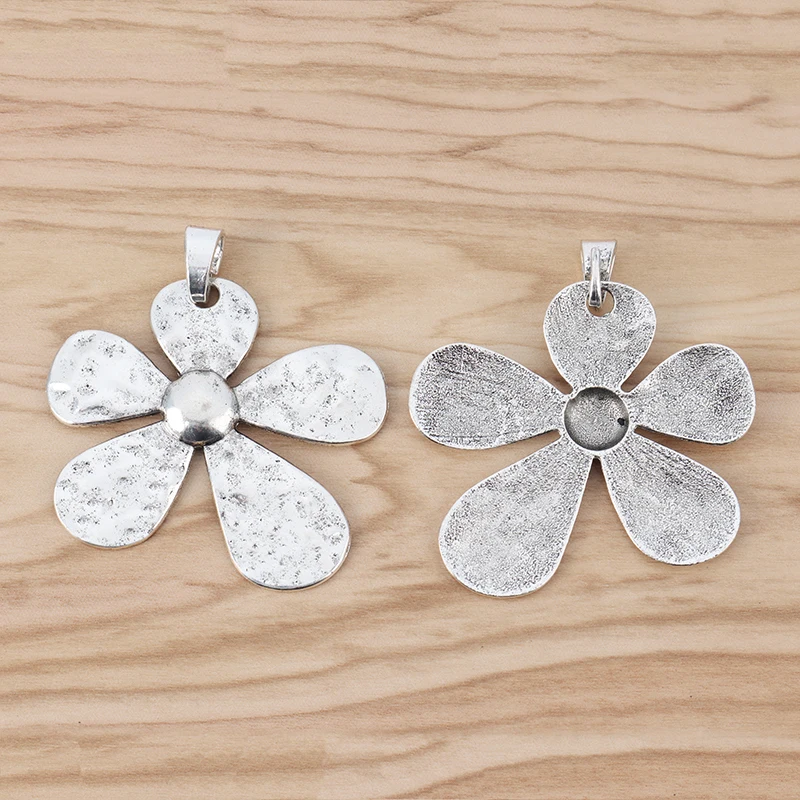 2 Pieces Tibetan Silver Large Hammered Flower Charms Pendants for Necklace Jewellery Making Findings 68x60mm