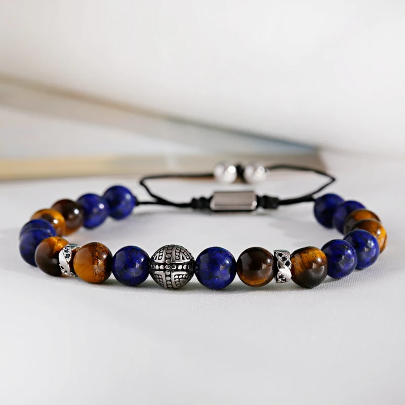 New Round Stainless Steel Beads Weaving Bracelet Homme Men Tiger Eye Beads Bracelet Adjustable Dropshipping