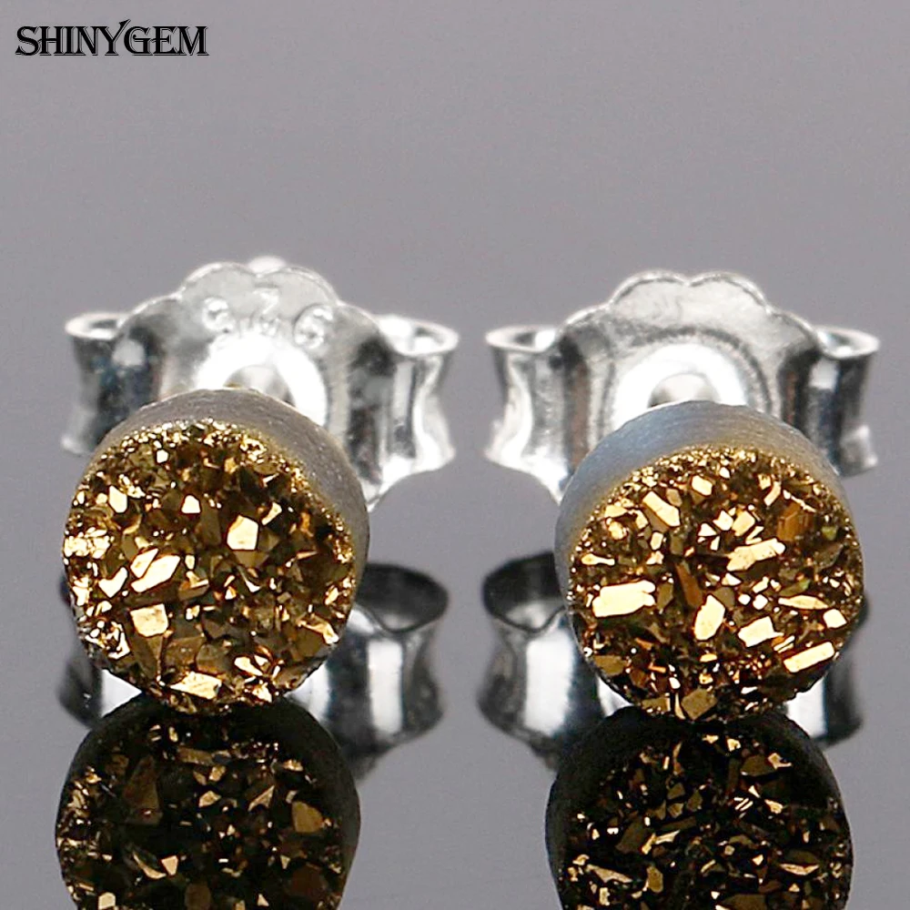 shinygem round natural crystal druzy stud charm sparkling small gem stone for women gift earrings
