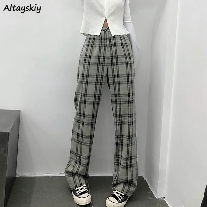 Pants Women Vintage Plaid Fashionable Full-length Trousers High Waist Streetwear Harajuku Female Chic Straight Casual Students