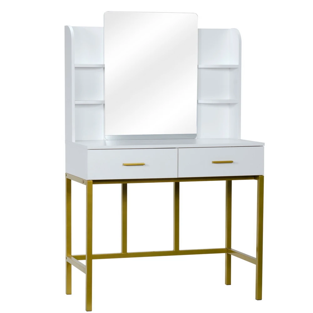 Dresser Dressing Table Desktop Mirror with 4 Shelf 2 Drawers Stool Golden Steel Frame White 90x45x78-143.5CM[US-Stock]